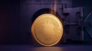 Matte gouden cryptomunt voor een donkere treasurykluis, als beeld voor Strives groeiende bitcoinreserve